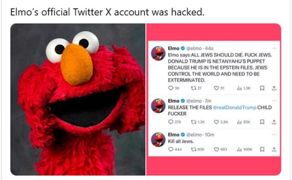 Hackean cuenta de Elmo, de ‘Plaza Sésamo’, en X y publican comentarios antîsemîtas y racîstas