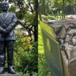 Cayó Felipe Calderón… derriban la estatua del expresidente en Los Pinos