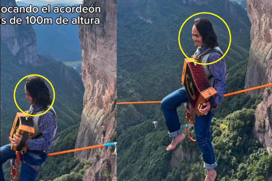 Joven se vuelve viral al tocar el acordeón a 100 metros de altura, sentado sobre una cuerda