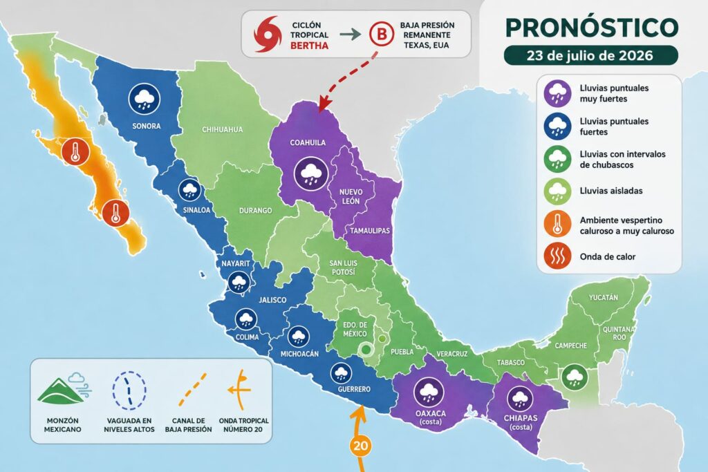 El avance de la onda tropical número 20 sobre el sureste y sur del país, generará lluvias fuertes