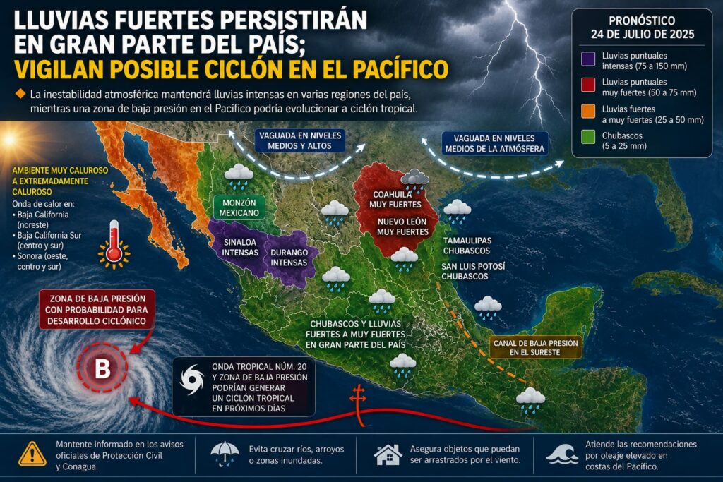 Lluvias fuertes persistirán en gran parte del país; vigilan posible ciclón en el Pacífico
