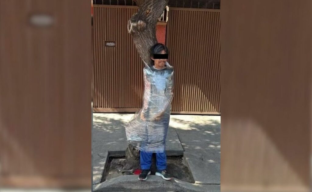 Envuelto para regalo: Vecinos emplayan a presunto ladrón de bicicleta contra un árbol en la CDMX